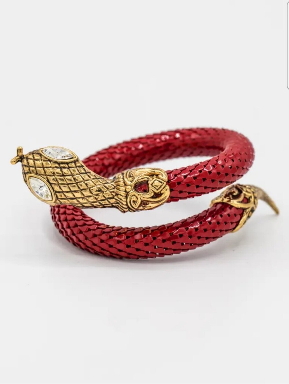 Vintage Style Red Enamel Snake Coil Bracelet with Crystal Eyes